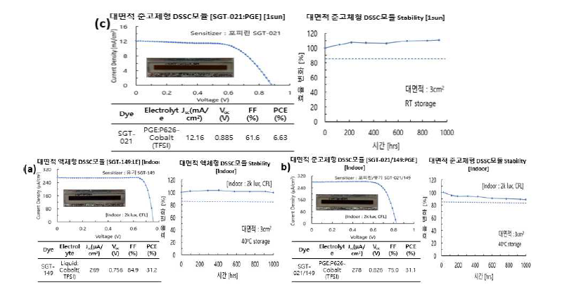 실내광원화 대면적 액체형(a) 및 준고체형(b) 소자 성능 평가 결과