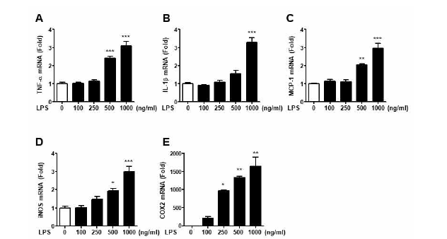 mRNA expression of inflammatory cytokines in LPS-induced RAW 264.7 cells. RAW 264.7 cells were treated with 100, 250, 500, and 1000 ng/mL of LPS for 12 h. Total RNA samples were subjected with to qPCR against TNF-α (A), IL-1β (B), MCP-1 (C), iNOS (D), and COX2 (E). The data are presented as means ± SEM (n = 3). * P < 0. 05, ** P < 0.01, or *** P < 0.001 compared with the control.