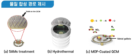 (a) QCM 전극 위 Self-Assembly monolayer 처리에 대한 모식도, (b) QCM을 Auto-clave 에 직접 넣어 합성을 진행 (c) QCM 전극을 기체 흡착 평가 시스템에 삽입하여 가스흡착을 평가