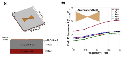 (a) MOS 다이오드가 결합된 나노안테나의 개략도, (b) 안테나 가장자리 아래에 Al2O3 층에서 최대 필드 향상치을 위한 안테나 길이 최적화