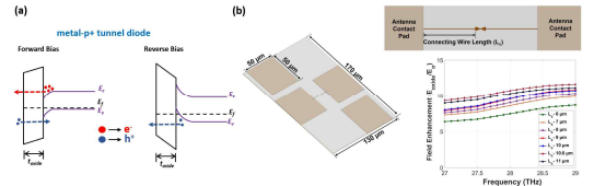 (a) 순방향 및 역방향 바이어스 조건에서 메타 산화물 반도체(p+) 터널 다이오드의 에너지 밴드 다이어그램, (b) 측정 패드가 있는 나노안테나 결합 MOS 터널 다이오드의 구조 및 산화물 터널 장벽에서 최대 전기장 향상을 위한 안테나 연결 와이어 길이의 최적화