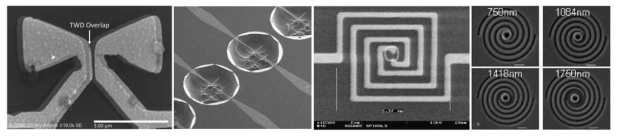 (a)나노안테나(MIM diode),(b)나노안테나(열전현상),(c)나선형 안테나(Bolometer),(d)나선형 안테나