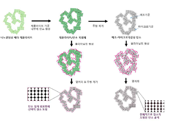 고분자를 활용한 이종원자 도핑 메조-마이크로다공성 탄소 합성 모식도. 합성을 응용하여 도핑되는 원자의 위치를 조절 가능하다