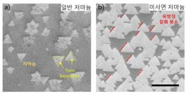 결정방향이 동일한 육방정 질화붕소의 합성. 일반 저마늄 기판 (a)과 미사면 저마늄 기판(b)에서 만들어진 육방정 질화붕소의 주사전자현미경 이미지 (스케일바 : 5 μm)