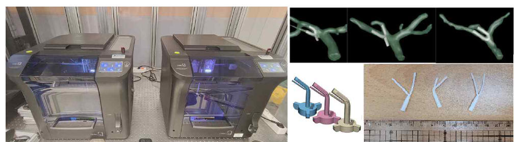 (좌) 본 과제를 통해 구비한 3D프린터 (우) 담도 스텐트 모델링 및 가이딩 몰드 모델링, 실제 제작 스텐트의 효용성 평가장면. 다양한 증례에서 예상되는 담도 스텐트의 제작 모델링을 수행 하였으며 이를 실제 제작하여 스텐트의 크기 및 각도 평가 등을 수행하며 오차범위를 줄임
