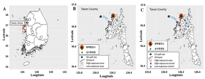 코호트 지역. (A) 한국 내 위치; (B) 코호트 내 성인 조사지역; (C) 코호트 내 어린이 조사지역(Park et al., 2019 논문 내 그림2 활용)