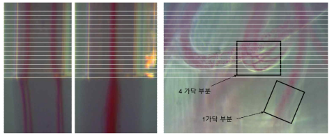 4 Mhz 초음파 인가 (좌), 2 Mhz 초음파 인가 (중), 알지네이트젤 안에서 정렬된 미세 입자 (우)
