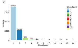 differential m6A peak에서 bock(exon)의 수가 m6A site에 걸쳐있는 blockCount를 나타낸 bar chart