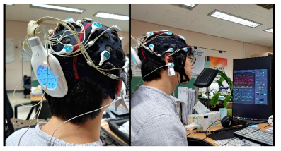 Ybrain EEG 10-20 측정 디바이스를 활용한 EEG 측정 진행 사진. 수행하는 Task의 종류, 집중 정도에 따라 활성화되는 채널이 달라지며 아티팩트가 발생하는 것을 볼 수 있다. (Average Reference Montage 사용)