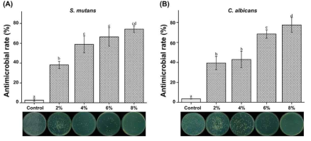 (A) S. mutans 및 (B) C. albicans의 항균률