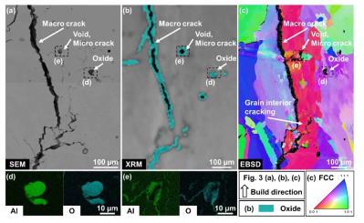 Co-7Al-8W 합금의 crack 주변 미세구조. (a) SEM, (b) XRM, (c) EBSD, (d) 내부 Al2O3 EDS map, (e) micro-crack이 발생한 Al2O3