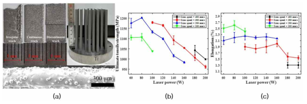 (a) Thin walls fabricated by selective laser melting, (b) ultimate tensile strength, and (c) elongation of the thin walls