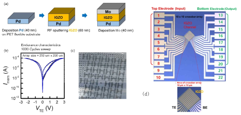 (a) Flexible 기판 위 InGaZnO 기반의 memristor crossbar array 공정 과정 (b) Sweep에 따른 I-V Endurance 특성 (c), (d) IGZO memristor crossbar array 사진