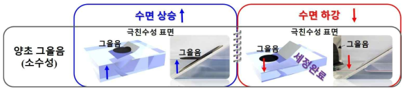 수면 상승 및 하강 시 극친수성 표면에서 그을음 자가세정 메커니즘 모식도 및 사진