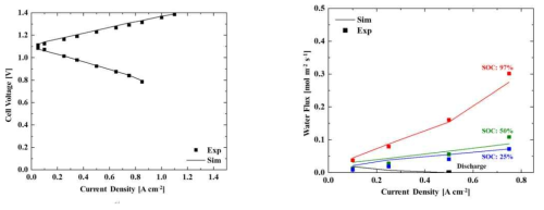 시뮬레이션과 데이터에서의 (a) 전지 성능을 나타내는 Cell voltage (b )SOC에 따른 Water flux 비교