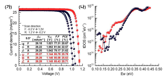 (가) 전류 밀도-전압 그래프, (나) 결함 농도 분포