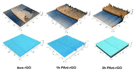 폴리아닐린 시간별 (0시간, 1시간, 3시간) 합성에 따른 AFM 이미지