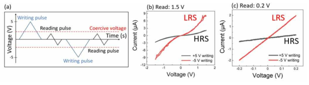 C-AFM spectroscopy pulse 모양 및 측정 결과. (a) C-AFM spectroscopy pulse sequence, (b) 1.5 V로 읽은 분극 방향에 따른 터널링 전류의 변화, (c) 0.2 V로 읽은 분극 방향에 따른 터널링 전류의 변화