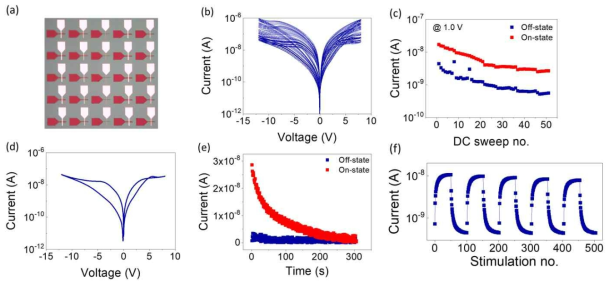 Au(25 nm)/Ti(30 nm)/TiOx(20~40 nm)/HZO(5 nm)/TiN(25 nm) 구조의 crossbar array memristor. (a) 광학 현미경 이미지, (b) 반복되는 DC 전압을 인가함에 따라 변화하는 I-V 특성, (c) DC 전압 인가 횟수에 따른 on/off 터널링 전류의 변화, (d) 마지막으로 측정한 I-V 특성, (e) retention time, (f) pulse 자극에 의한 memristive 특성