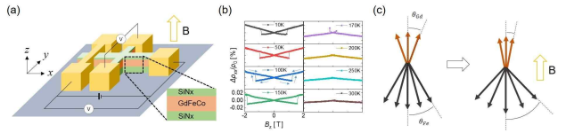 (a) 실험 회로도 (b) GdFeCo 자기저항 측정 결과 (c) GdFeCo 의 sperimagnetism