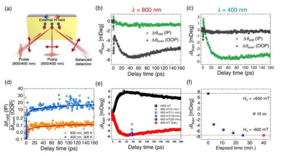 Optical femtosecond pulse를 이용한 실헙의 개략도와 시간 축에 대해 plot한 물질의 자화 특성 변화. Kerr 효과에 의한 빛의 polarization 변화로 물질의 자화 특성을 감지하며 자화가 어떤 시간 스케일에 따라 외부 자극과 환경에 반응하는지 알 수 있음