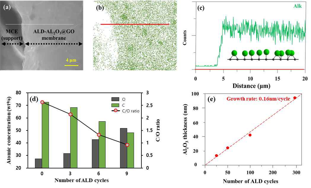 ALD-Al2O3의 증착 특성: (a) 표면 FE-SEM 이미지, (b) EDX mapping (Al 원소), (c) 그림(b) 붉은선 부분의 Al 원소 농도, (d) C와 O 원자 성분비율 분석 (e) Ellipsometry를 이용한 증착율 평가