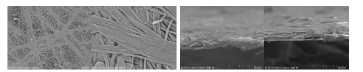박지형 부직포의 SEM 이미지 촬영결과 (좌: 표면, 우: 단면)