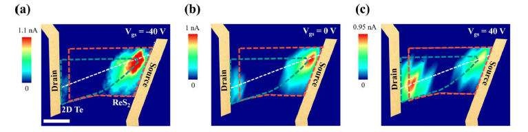 Heterostructure photocurrent 이미지 Vds = 0V, (a) Vgs = -40V, (b) Vgs = 0V, (c) Vgs = 40V.