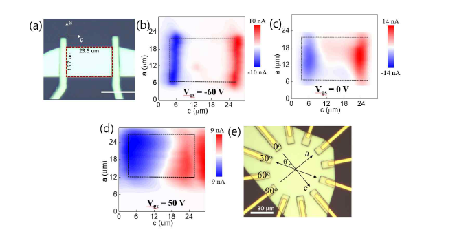 (a) 2D Te photocurrent 측정용 소자, (b) Vgs = -60V, ( c) Vgs = 0V, (d) Vgs = 50V에서 얻은 photocurrent mapping image, (e) photocurrent 측정용 방사형 전극 소자.