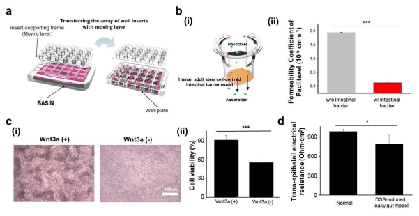 (a) Schematics of transferring process of the hydrogel membrane-integrated culture inserts from BASIN to the Well plate. (b)(i) Schematic of permeability assay (ii) Permeability coefficient of paclitaxel through intestina barrier constructed on the developed system (c)(i)Morphological difference of intestinal epithelium with or without Wnt3a protein. (ii) Decrement of intestinal epithelial cell viability in the absence of Wnt3a condition. (d) Decrement of trans-epithelial electrical resistance (TEER) value of intestinal barrier after DSS treatment