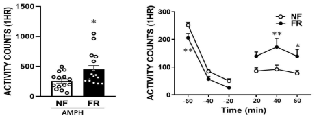 2주간의 먹이제한 후 암페타민을 acute로 주고 locomotor activity를 측정하면, 정상먹 이 제공 군에 비하여 그 값이 현저히 증가함. 이와 같은 결과는 배가 고픈 상태에서 중 독성 약물에 대한 반응의 민감도가 증가함을 보여줌