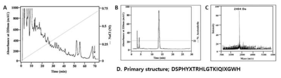 별불가사리로부터 항균 활성 펩타이드의 정제 크로마토그래피 및 그 구조. (A) 첫번째 이온 크로마토그래피 (B) 최종정제 크로마토그래피 (C) 분자량 (D) 일차서열