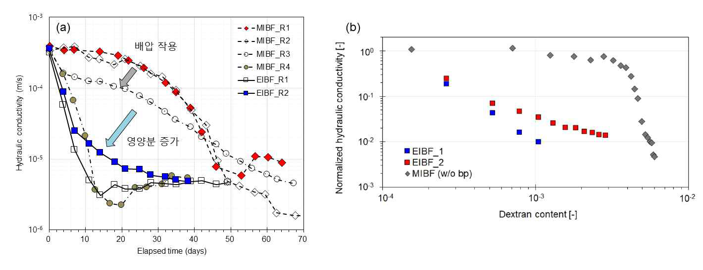 사질토 지반 내 바이오폴리머 생성에 따른 투수계수 측정 결과: (a) 시간에 따른 투수계수 변화와 (b) 덱스트란 포화도 에 따른 투수계수 감소 효과.