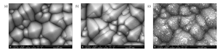 (a) 코팅되지 않은 Textured Si wafer, (b) TiO2, (c) SnO2가 코팅된 Textured Si wafer 의 표면 SEM 이미지