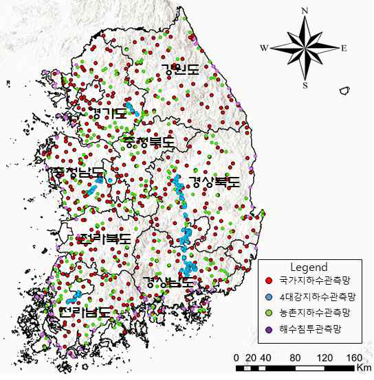전국 지하수 관측망 위치도