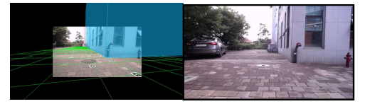 Wire-frame을 활용한 카메라의 시야 확장 (좌) 및 실제 환경 (우)