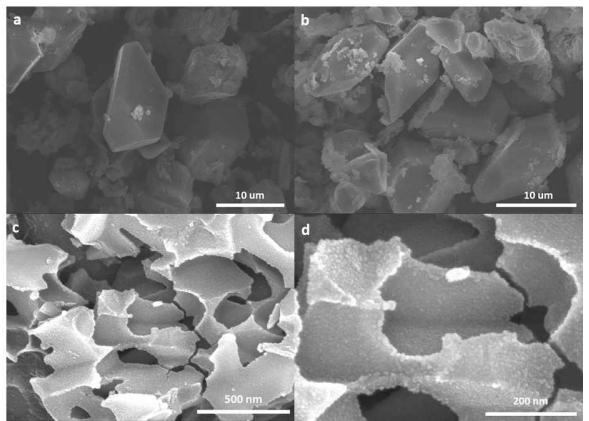 무기염-주형 (salt-template) 합성 후 880℃ 에어(Air) 열처리 후 합성된 Na2Ti3O7 SEM 이미지 a-b) Na2SO4 기반 c-d) Na2CO3 기반