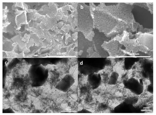 NaOH bead를 활용하여 염-주형 (salt-template) 합성방식으로 TiO2/Carbon 복합체 a-b)SEM 이미지, c-d)TEM 이미지