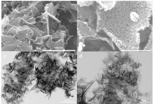 NaOH bead를 활용하여 염-주형 (salt-template) 합성방식으로 실험 진행 후 수열합성한 Na2Ti3O7/Carbon 복합체 a-b) SEM 이미지, c-d) TEM 이미지