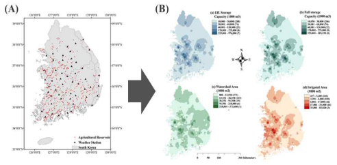 (A) 저수용량 100백만m3 이상의 농업용 저수지 및 기상관측소 위치, (B) 저수지 유효저수용량, 최대 저수용량, 유역면적 및 관개면적