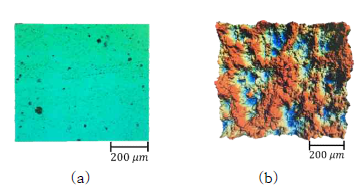 Surface roughness contours on the specimen surface measured with a non-contact roughness meter (Nano scan E1000): (a) unpeened, (b) shot-peened