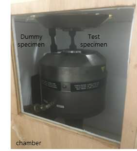 Experimental setup of a chamber, and real test and dummy specimens