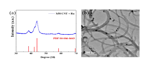 (a) MWCNT+Ru sample의 XRD 패턴 및 (b) TEM 이미지