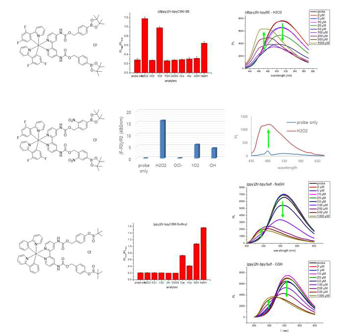 신규 활성산소 반응성 형광프로브 구조 및 활성산소에 대한 형광변화