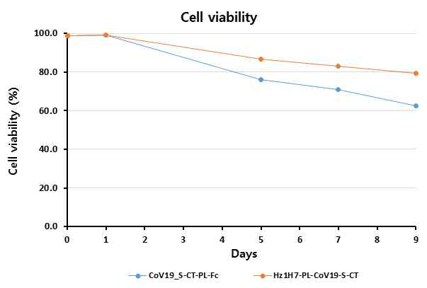 후보물질 2 종 (CoV19-S-CT-PL-Fc, Hz1H7-LC– PL-CoV19-S-CT)의 일시발현 세포의 생존도