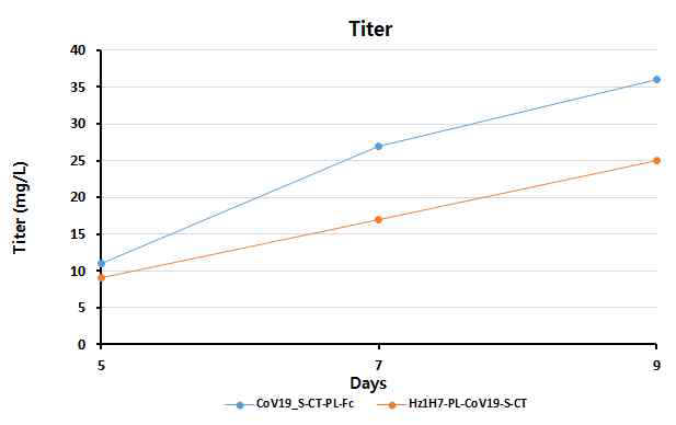 후보물질 2 종 (CoV19-S-CT-PL-Fc, Hz1H7-LC– PL-CoV19-S-CT)의 일시발현 세포의 후보물질 생산성