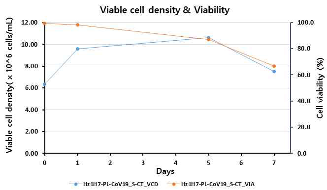 후보물질 Hz1H7-PL-CoV19-S-CT 의 일시발현 세포 의 성장 및 생존도