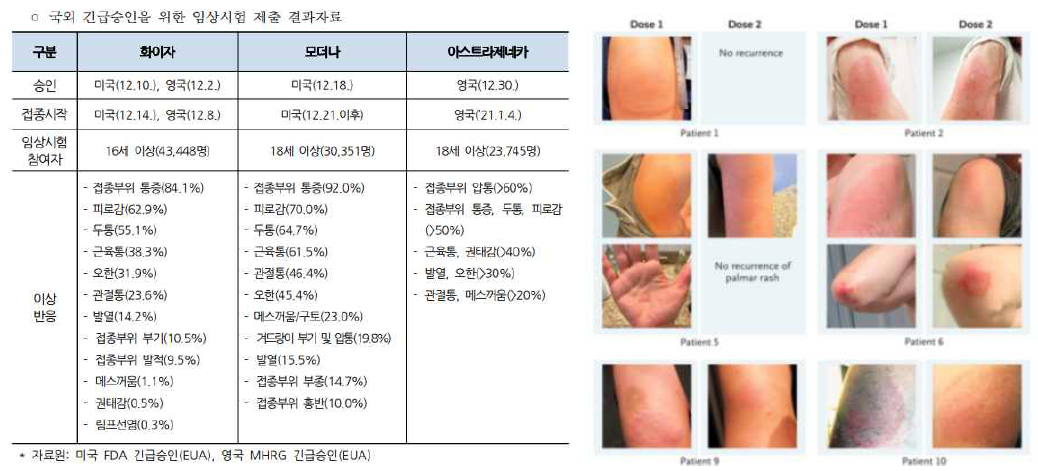 코로나19 주요 백신의 임상시험 제출 결과 자료와 Moderna Arm 으로 불리는 임상증상