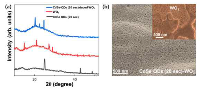 합성된 CdSe 퀀텀닷, WO3, CdSe 퀀텀닷-WO3 의 XRD 데이터, (b)CdSe 퀀텀닷-WO3 및 WO3의 SEM 데이터