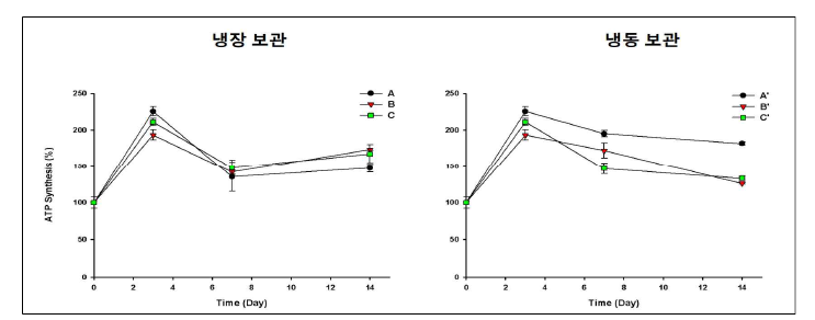 미토콘드리아 보관 제형에 따른 안정성 시험.